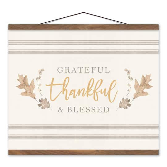 Grateful Thankful Blessed Stripes Teak Hanging Canvas